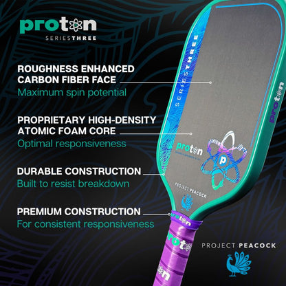 Pickleballsports Proton Series Three Project Peacock 13mm Elongated Pickleball Paddle