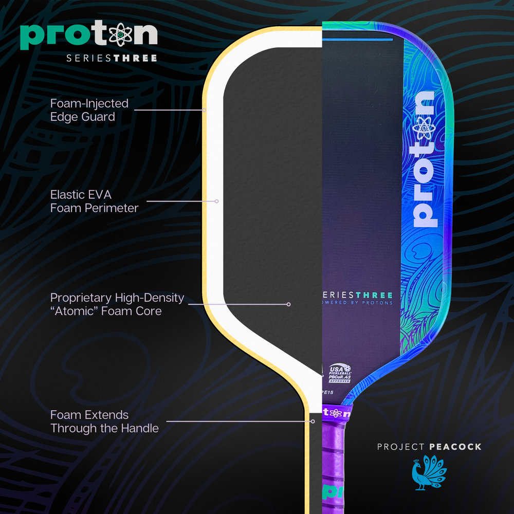 Pickleballsports Proton Series Three Project Peacock 15mm Elongated Pickleball Paddle