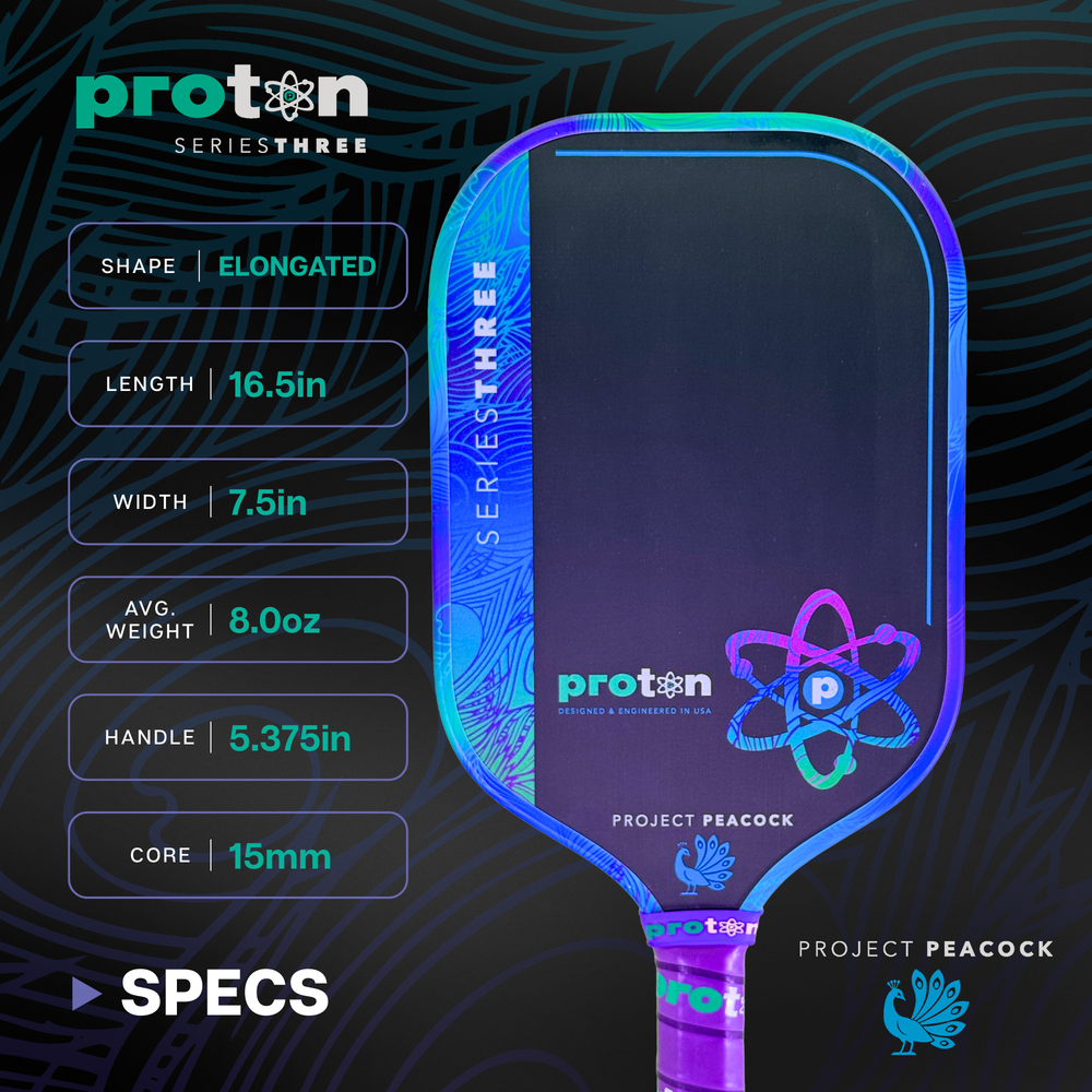 Pickleballsports Proton Series Three Project Peacock 15mm Elongated Pickleball Paddle
